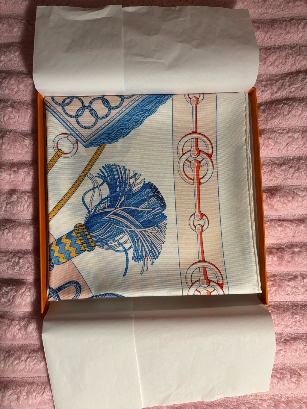Hermes Blue White Orange Silk Scarf With Tassel And Bit Motif